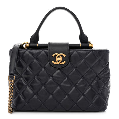 Chanel Glazed Calfskin Quilted Small Gold Bar Tote Navy Blue 1 of 14