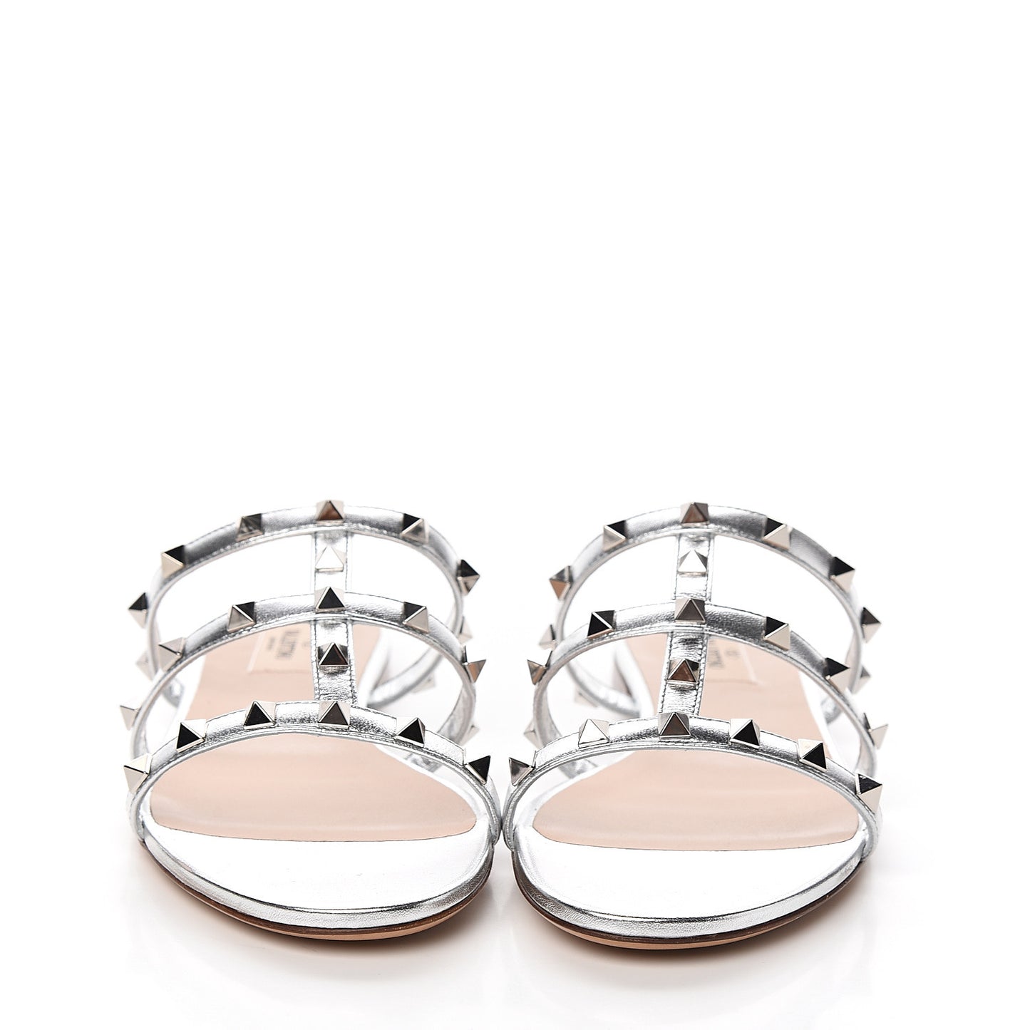Metallic Nappa Rockstud Caged Flat Slide Sandals 39 Silver