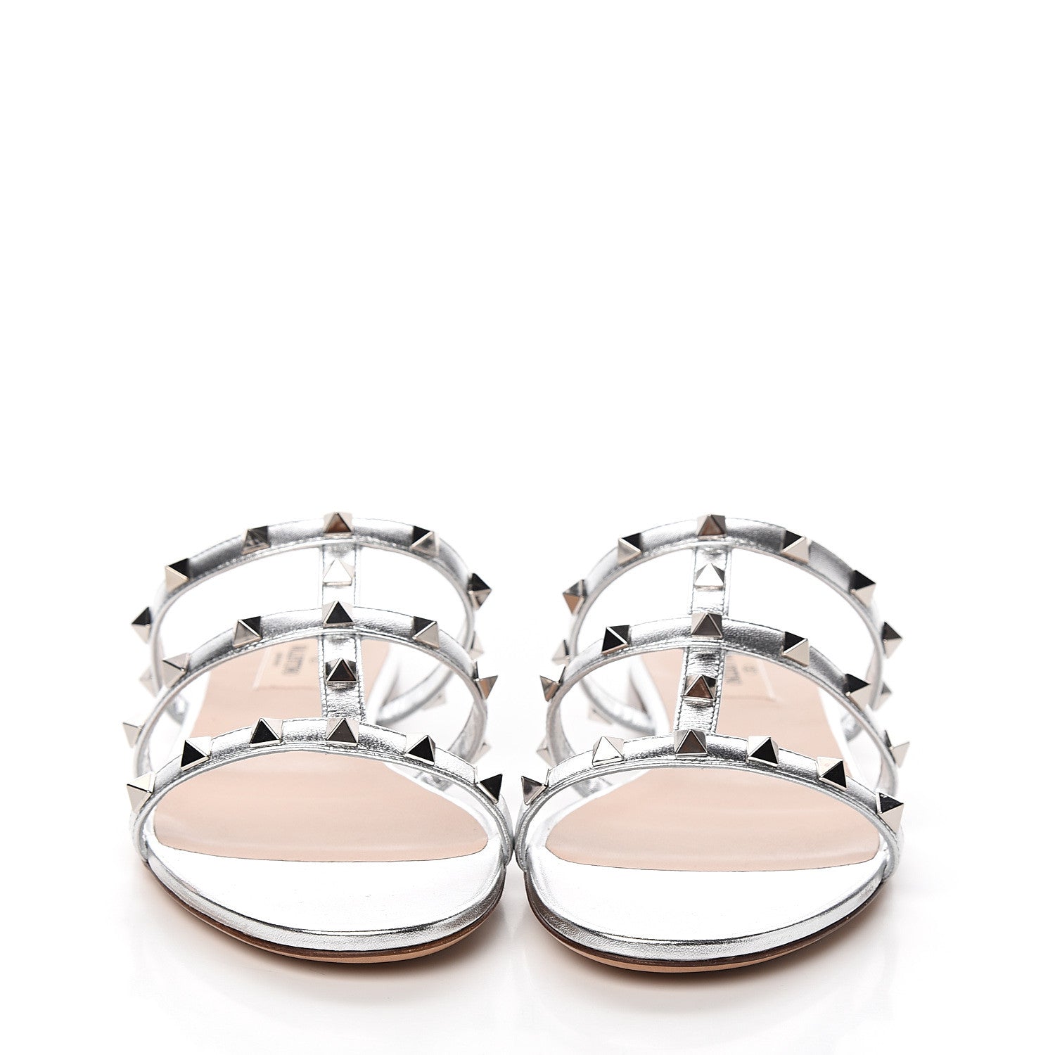 Valentino Garavani Metallic Nappa Rockstud Caged Flat Slide Sandals 39 Silver 2 of 9