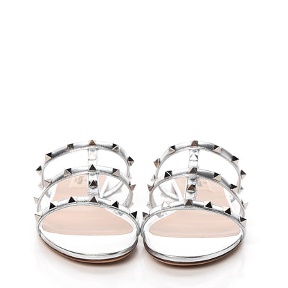 Valentino Garavani Metallic Nappa Rockstud Caged Flat Slide Sandals 39 Silver 2 of 9