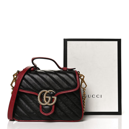 Gucci Vintage Effect Calfskin Matelasse Diagonal Mini Torchon GG Marmont Top Handle Shoulder Bag Black Romantic Cherry 13 of 13