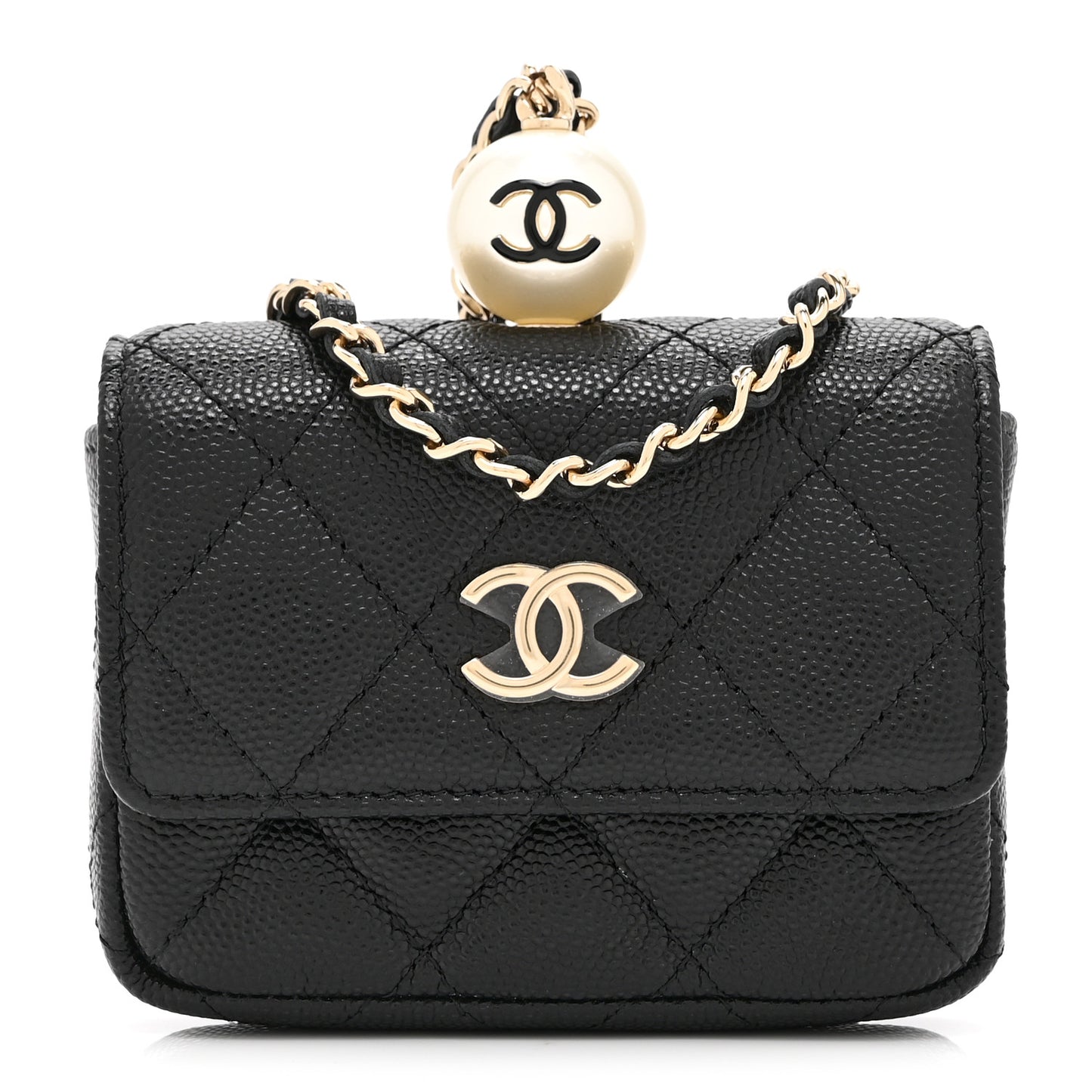 Caviar Quilted Mini Pearl On Top Coin Purse With Chain Black