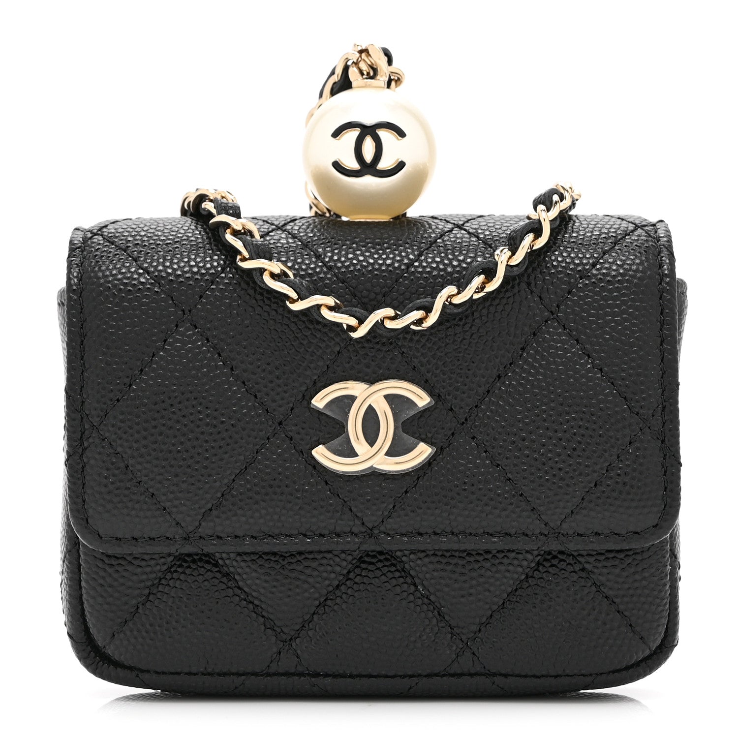 Chanel Caviar Quilted Mini Pearl On Top Coin Purse With Chain Black 1 of 11