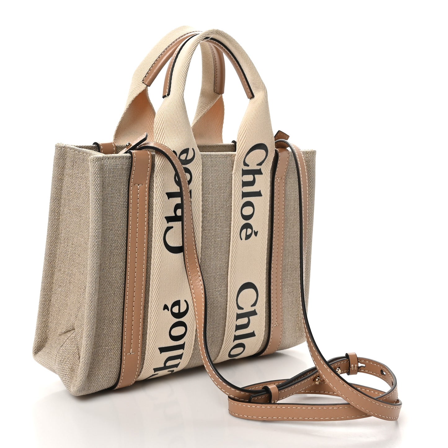 Linen Calfskin Small Woody Ribbon Tote With Strap White Light Brown