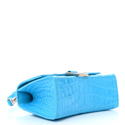 Balenciaga Shiny Calfskin Crocodile Embossed Hourglass Top Handle Bag XS Cyan 4 of 13
