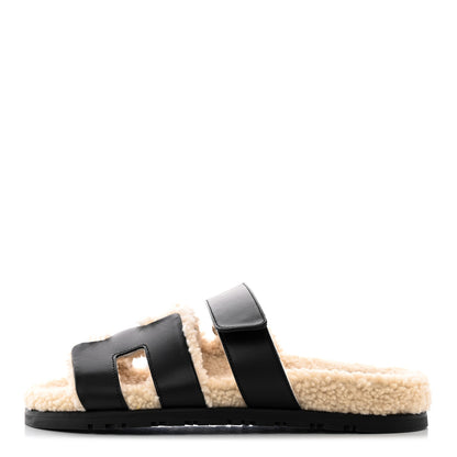 Hermes Calfskin Woolskin Womens Chypre Sandals 36.5 Black Ecru 1 of 13