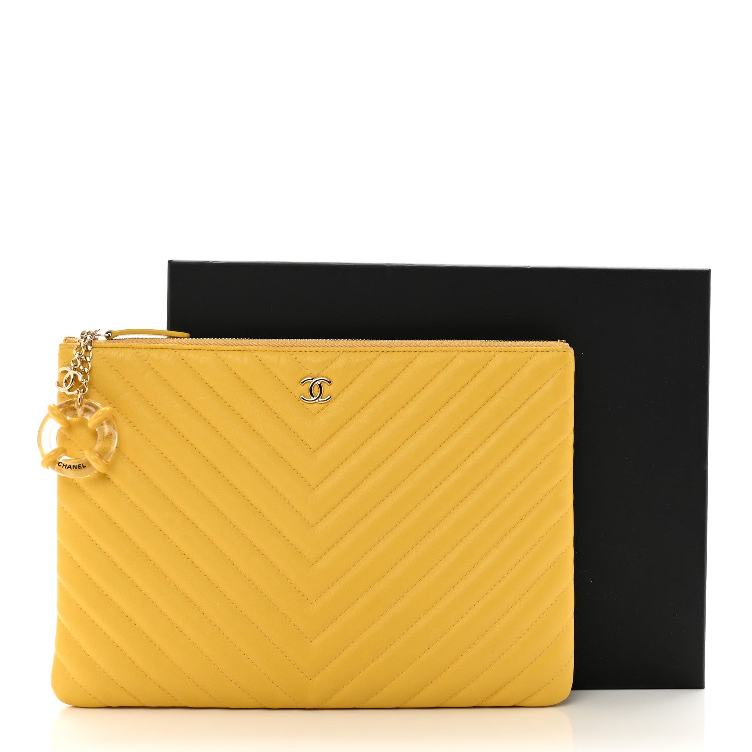 Chanel Lambskin Chevron Quilted Charms Medium Cosmetic Case Yellow 10 of 10