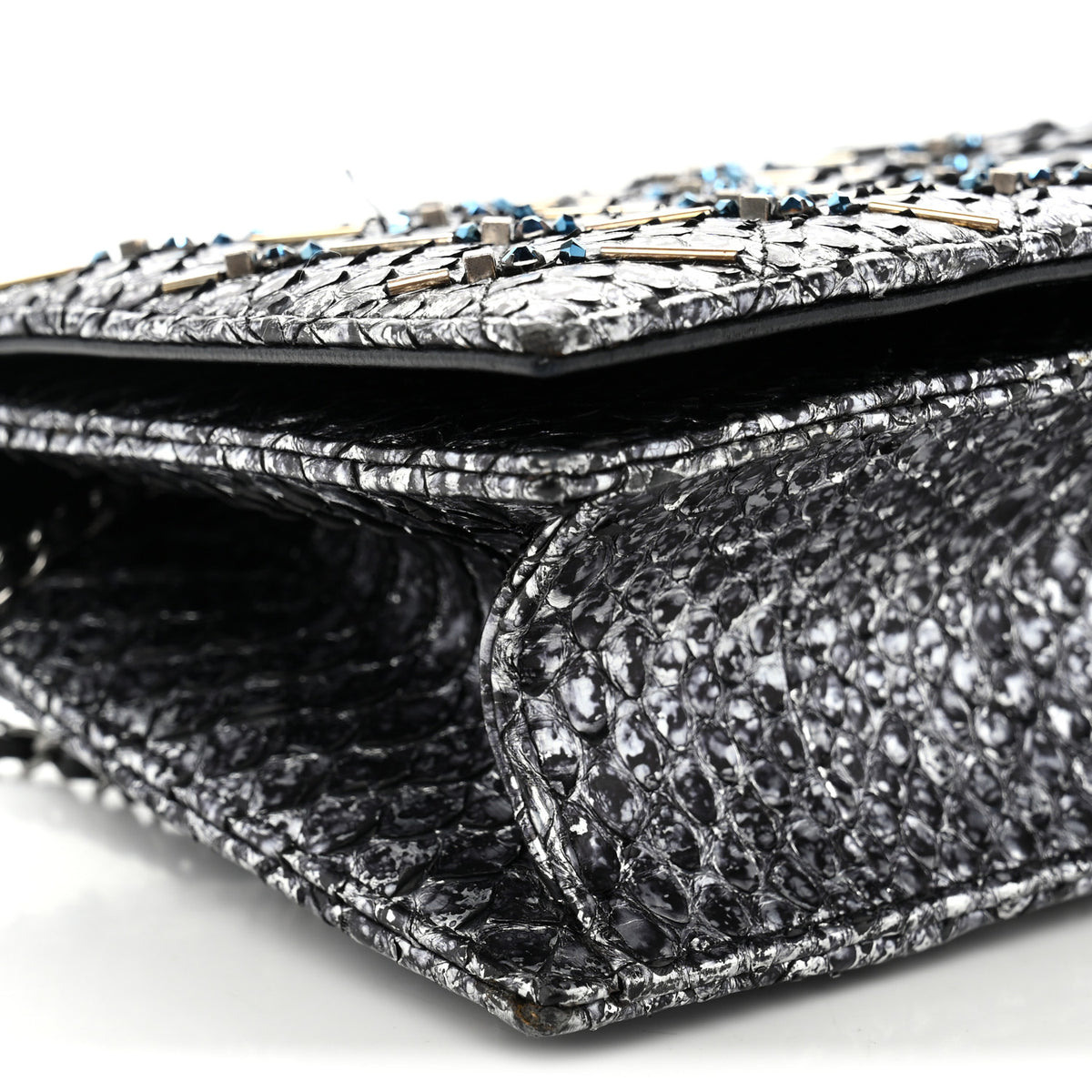 Metallic Snakeskin Quilted Beaded Chain Clutch Black Silver