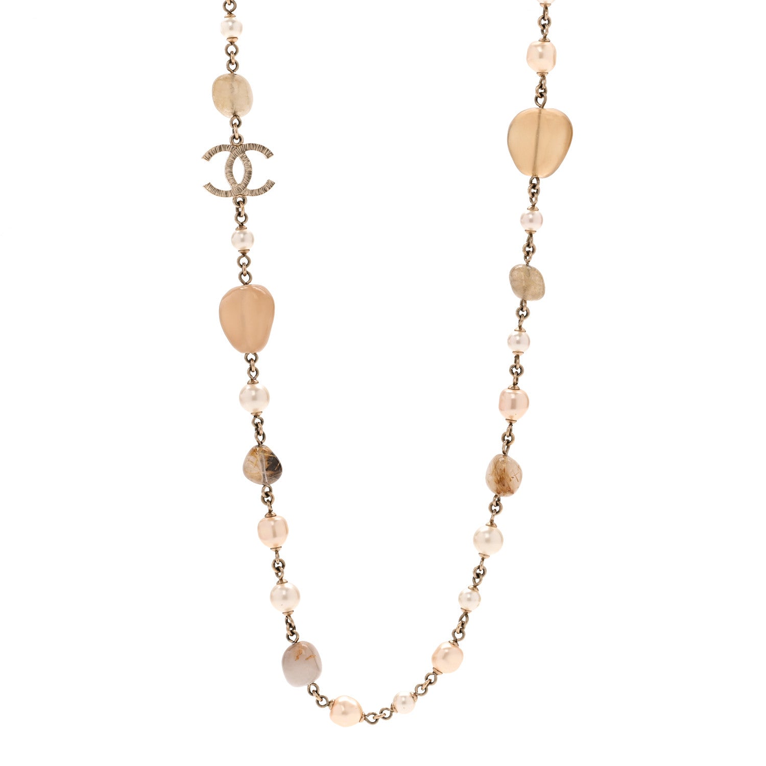 Chanel Pearl Glass Bead CC Long Necklace Gold 1 of 5