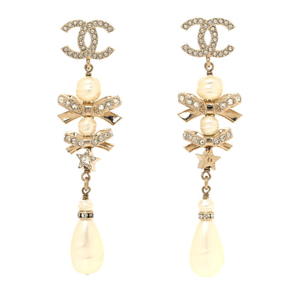 Chanel Crystal Pearl CC Star Bow Drop Earrings Gold 1 of 4