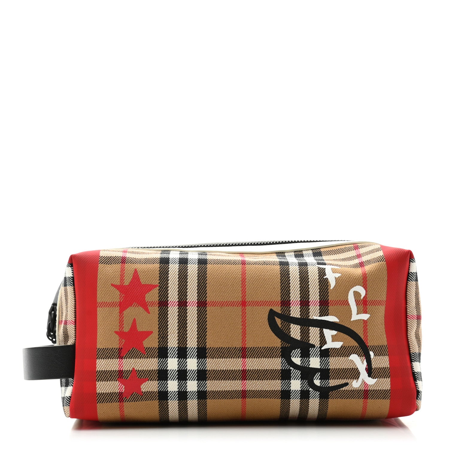 image of BURBERRY X KRIS WU Canvas Vintage Check Printed Washbag in the colors White Red and Black by FASHIONPHILE