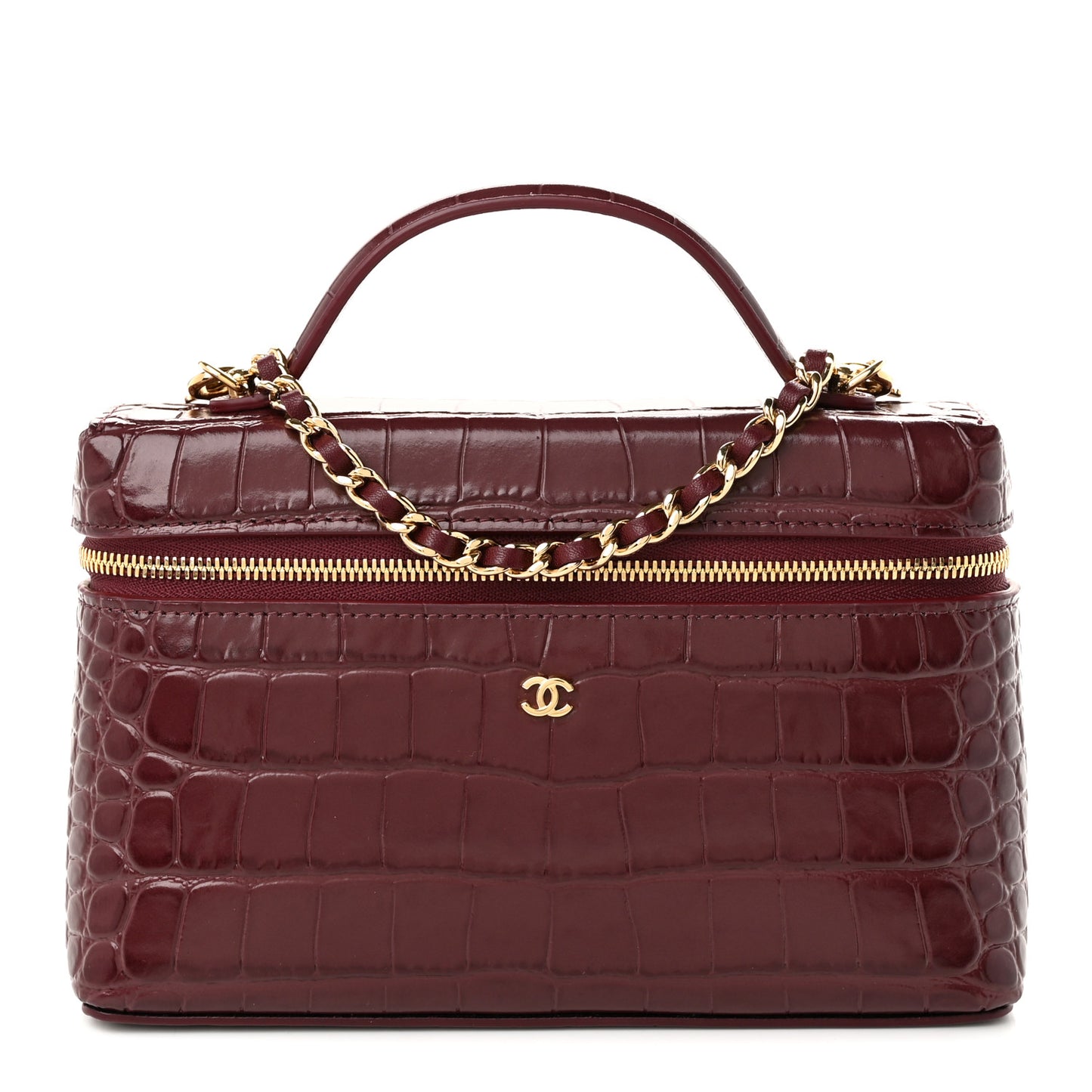 Calfskin Crocodile Embossed Top Handle Slim Vanity With Chain Dark Burgundy