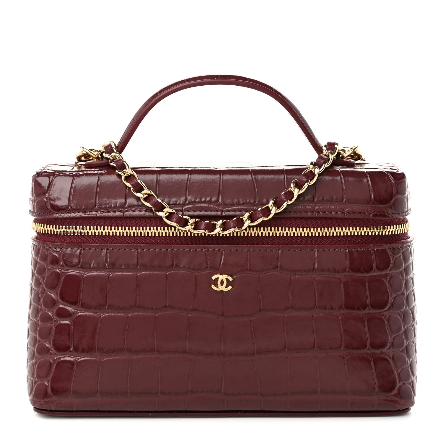 Chanel Calfskin Crocodile Embossed Top Handle Slim Vanity With Chain Dark Burgundy 1 of 11