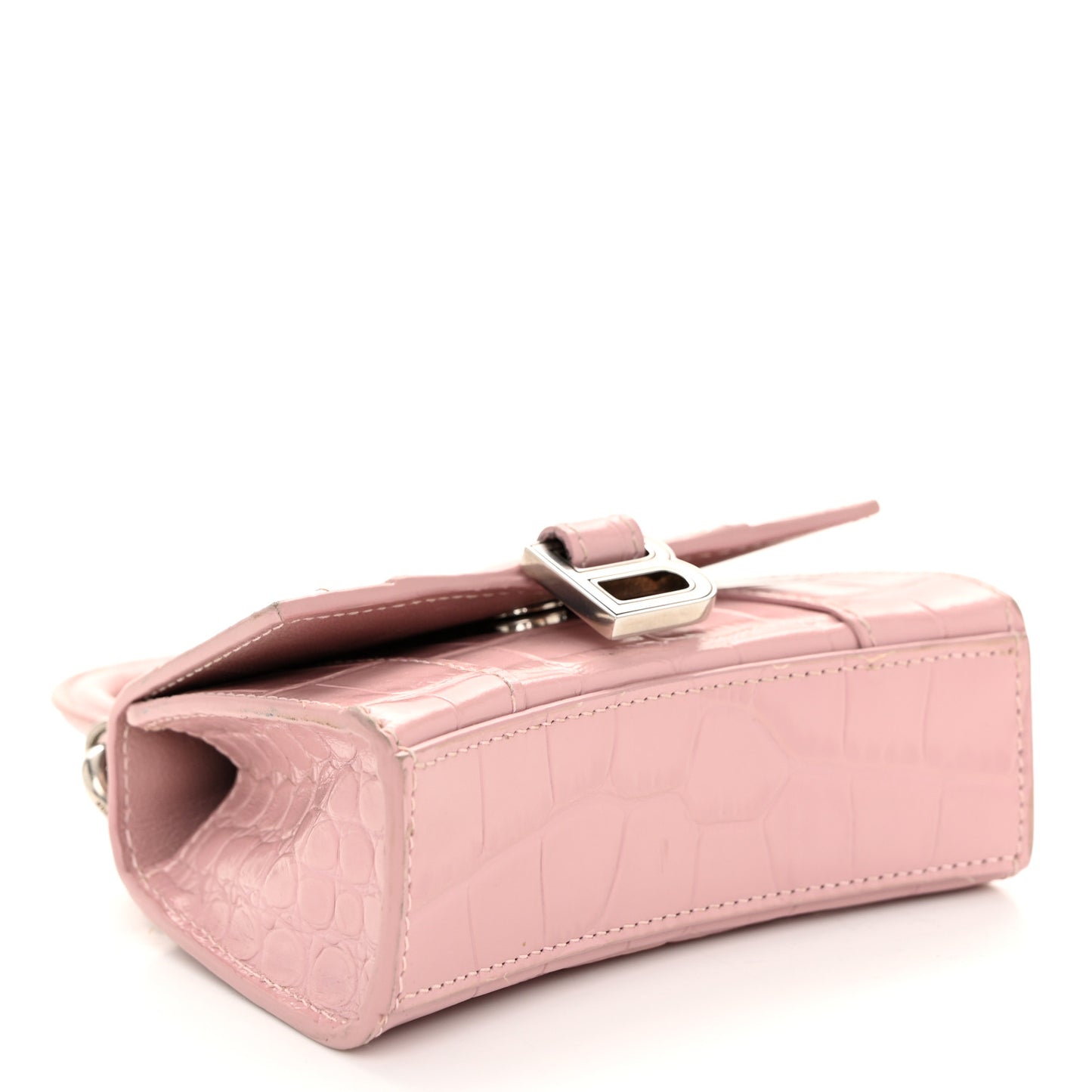 Shiny Calfskin Crocodile Embossed Hourglass Top Handle Bag Mini with Chain Powder Pink