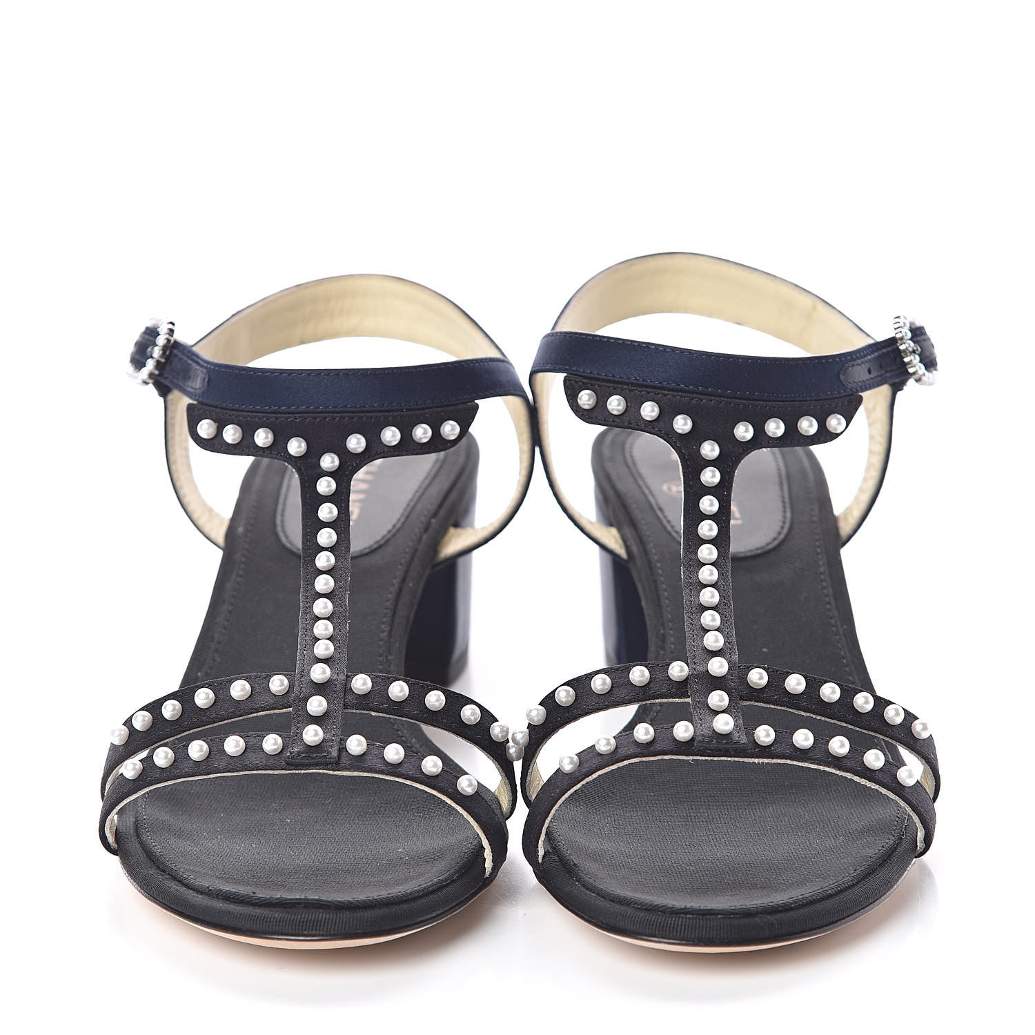 Chanel Satin Pearl Sandals 36.5 Black Navy 2 of 7