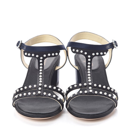 Chanel Satin Pearl Sandals 36.5 Black Navy 2 of 7