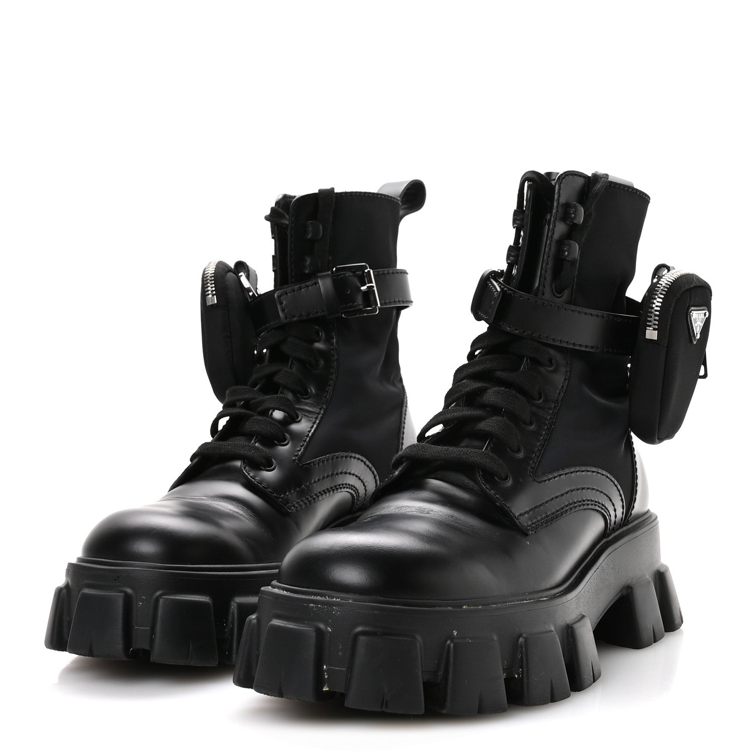 Prada Spazzolato Rois Nylon Metal Triangle Logo Monolith Pouch Pocket 55mm Boots 40 Black 4 of 8