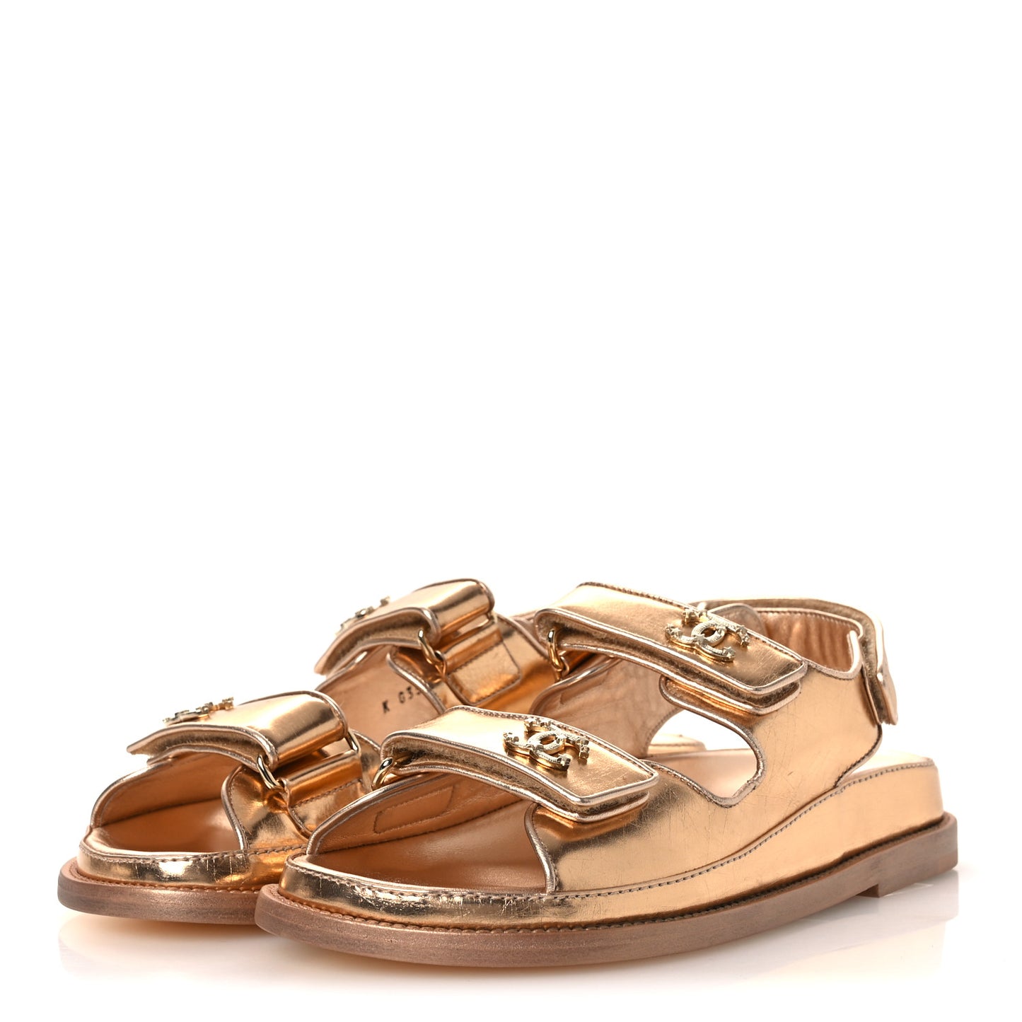 Metallic Laminated Calfskin Velcro Dad Sandals 36 Golden