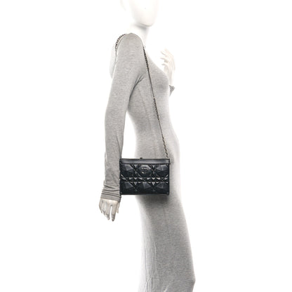 Christian Dior Calfskin Macrocannage Diamond Caro Zipped Pouch With Chain Black 2 of 13