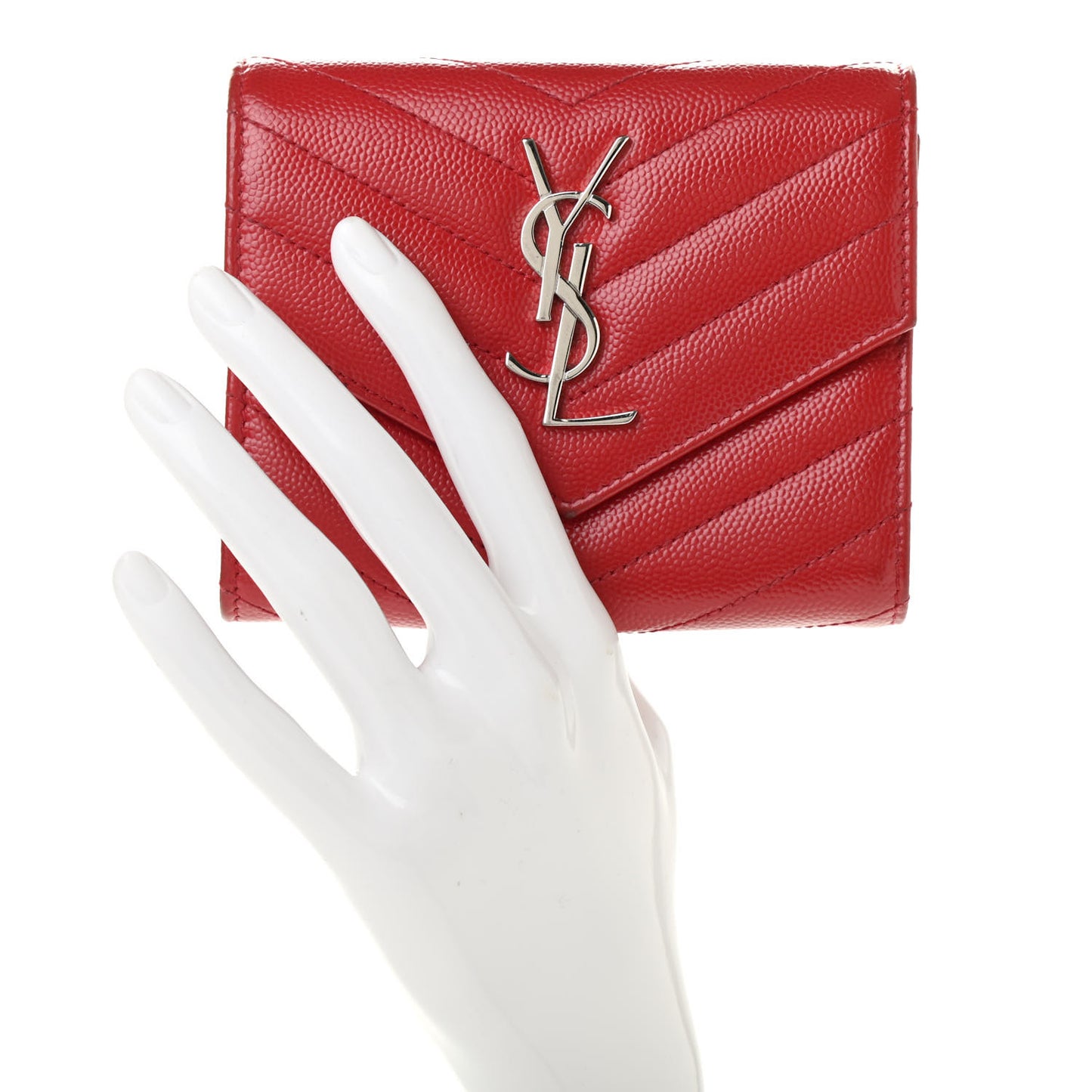 Grain De Poudre Matelasse Chevron Monogram Compact Tri Fold Wallet Red