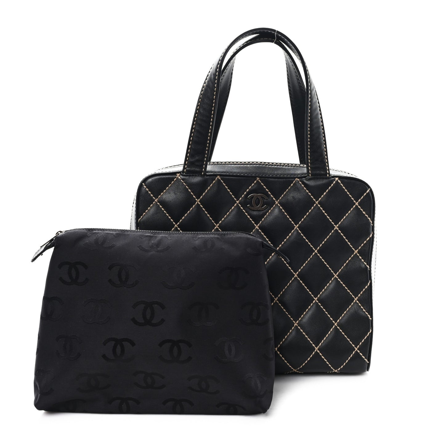 Calfskin Wild Stitch Vertical Top Handle Bag Black