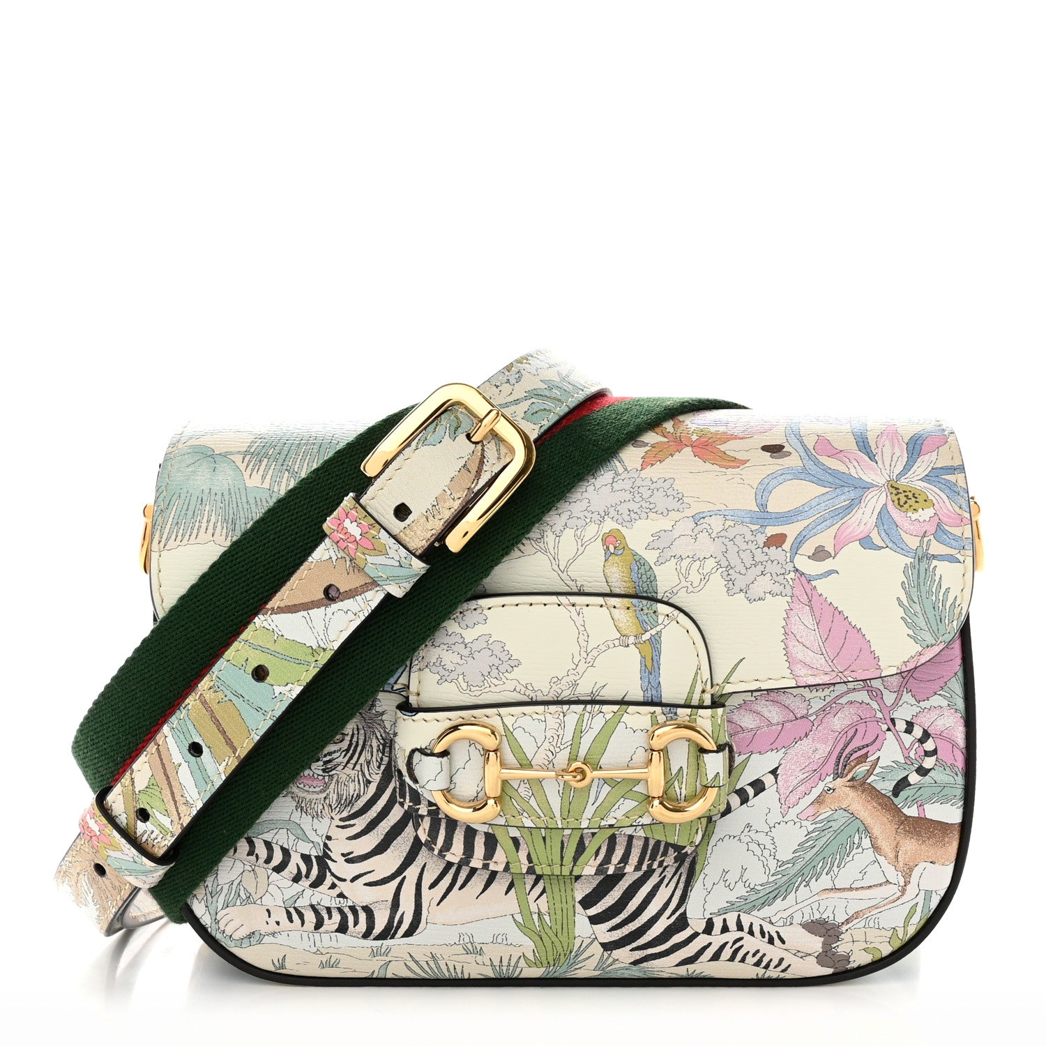 Gucci New Shangai Calfskin Tiger Savanah Web Mini Horsebit 1955 Shoulder Bag Chalky White Multicolor 1 of 10