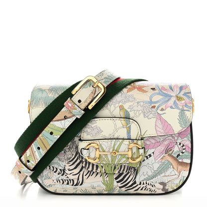 Gucci New Shangai Calfskin Tiger Savanah Web Mini Horsebit 1955 Shoulder Bag Chalky White Multicolor 1 of 10