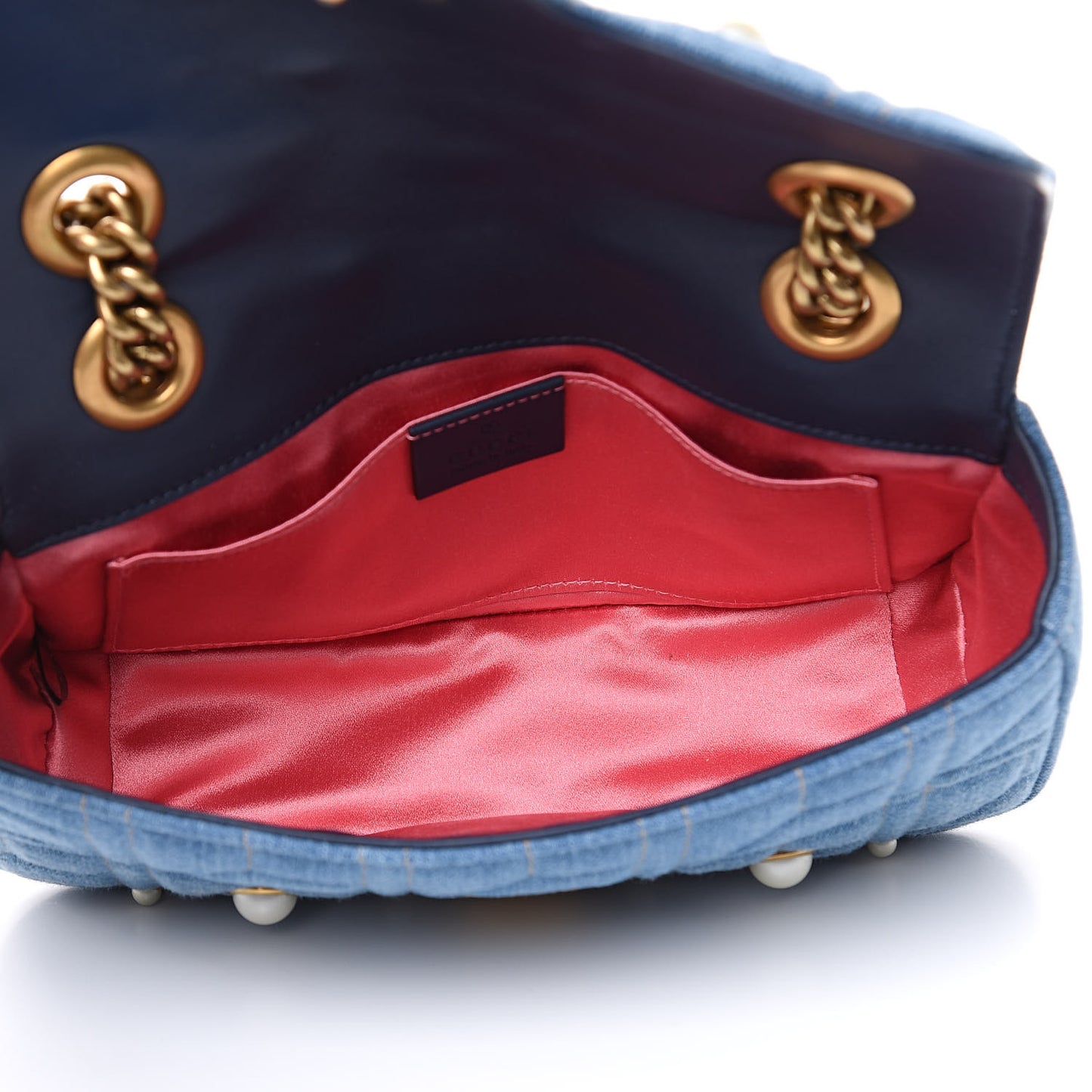 Denim Matelasse Pearl Studded Mini GG Marmont Shoulder Bag Blue
