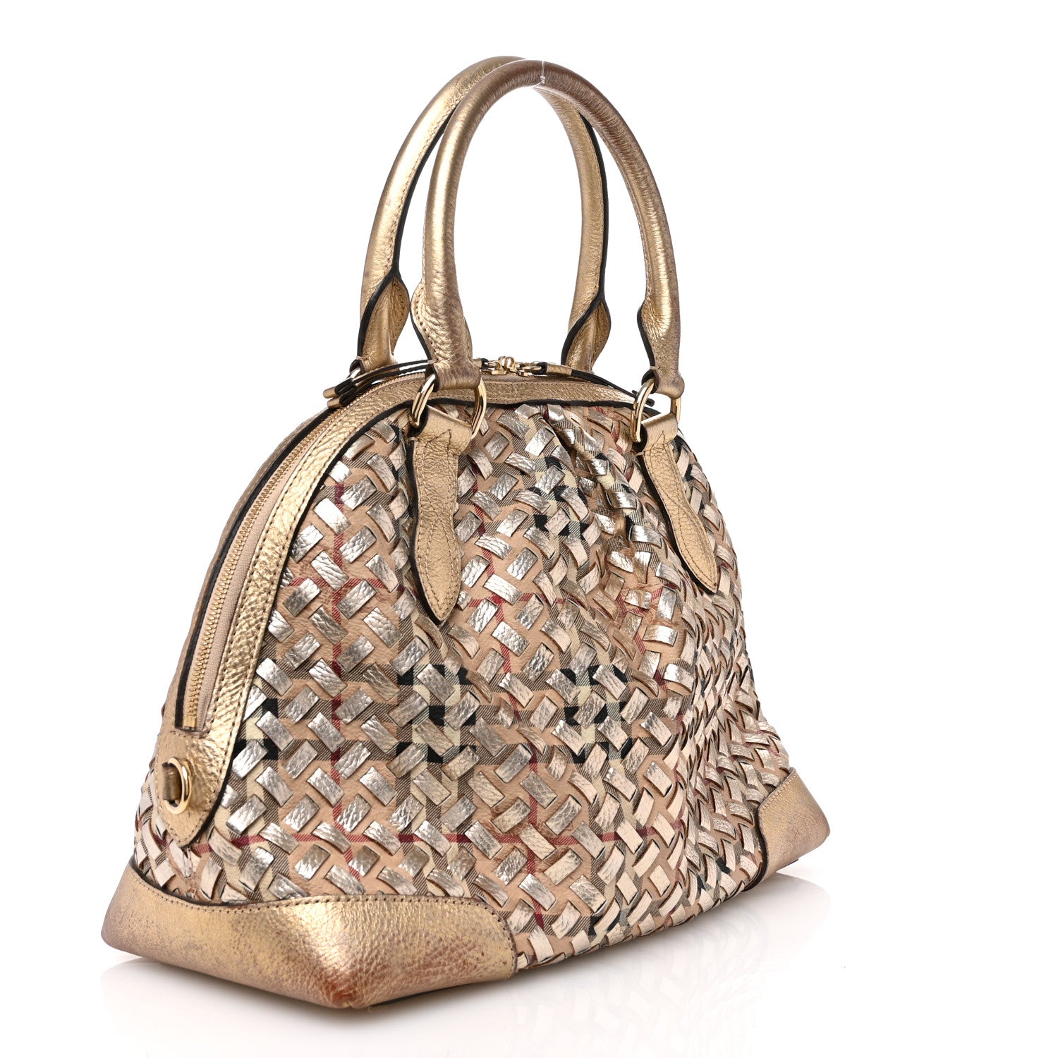 Burberry Metallic Woven Haymarket Check Thornley Satchel Gold 3 of 13