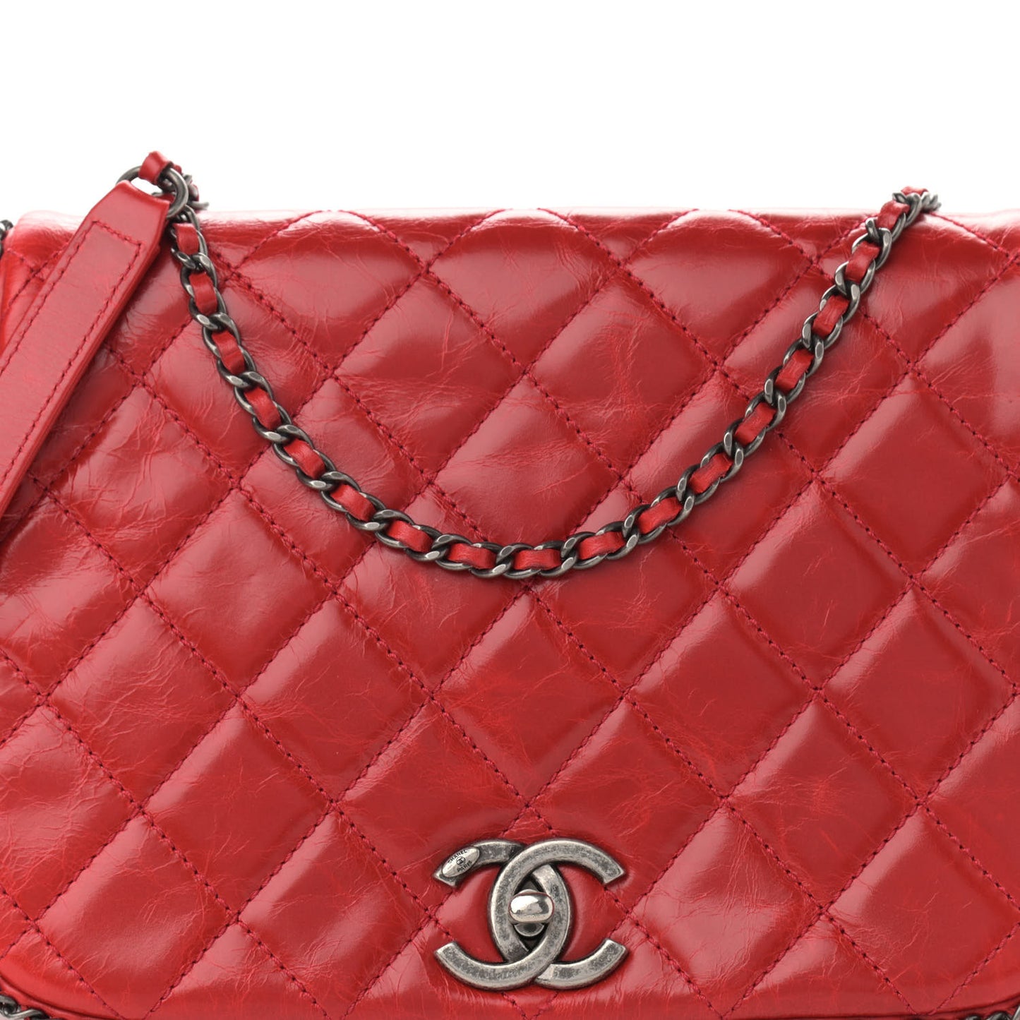 Glazed Calfskin Quilted Small CC Enchained Accordion Flap Red
