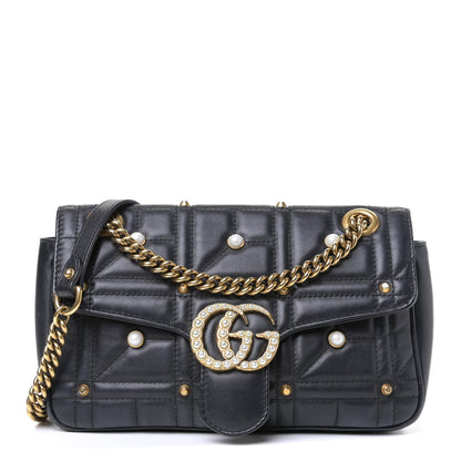 Gucci Calfskin Matelasse Studded Small Pearly GG Marmont Shoulder Bag Black 1 of 6