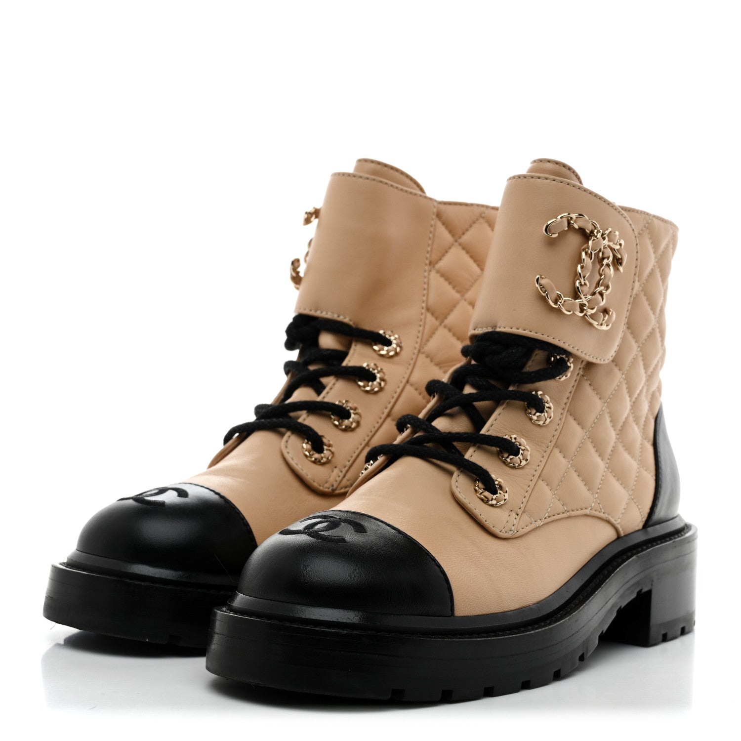 Chanel Lambskin Calfskin Quilted Lace Up Combat Boots 36.5 Beige Black 4 of 9