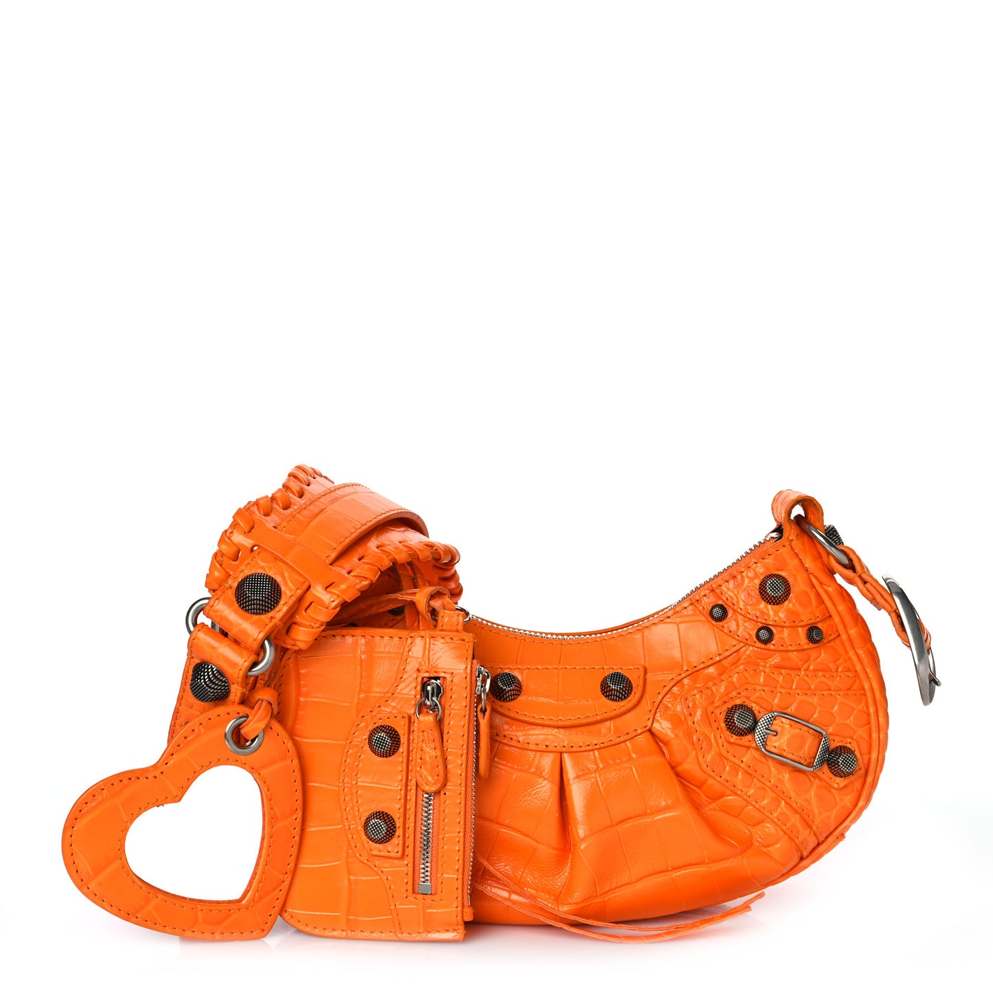 Extra Supple Calfskin Crocodile Embossed Le Cagole Shoulder Bag XS Pop Orange