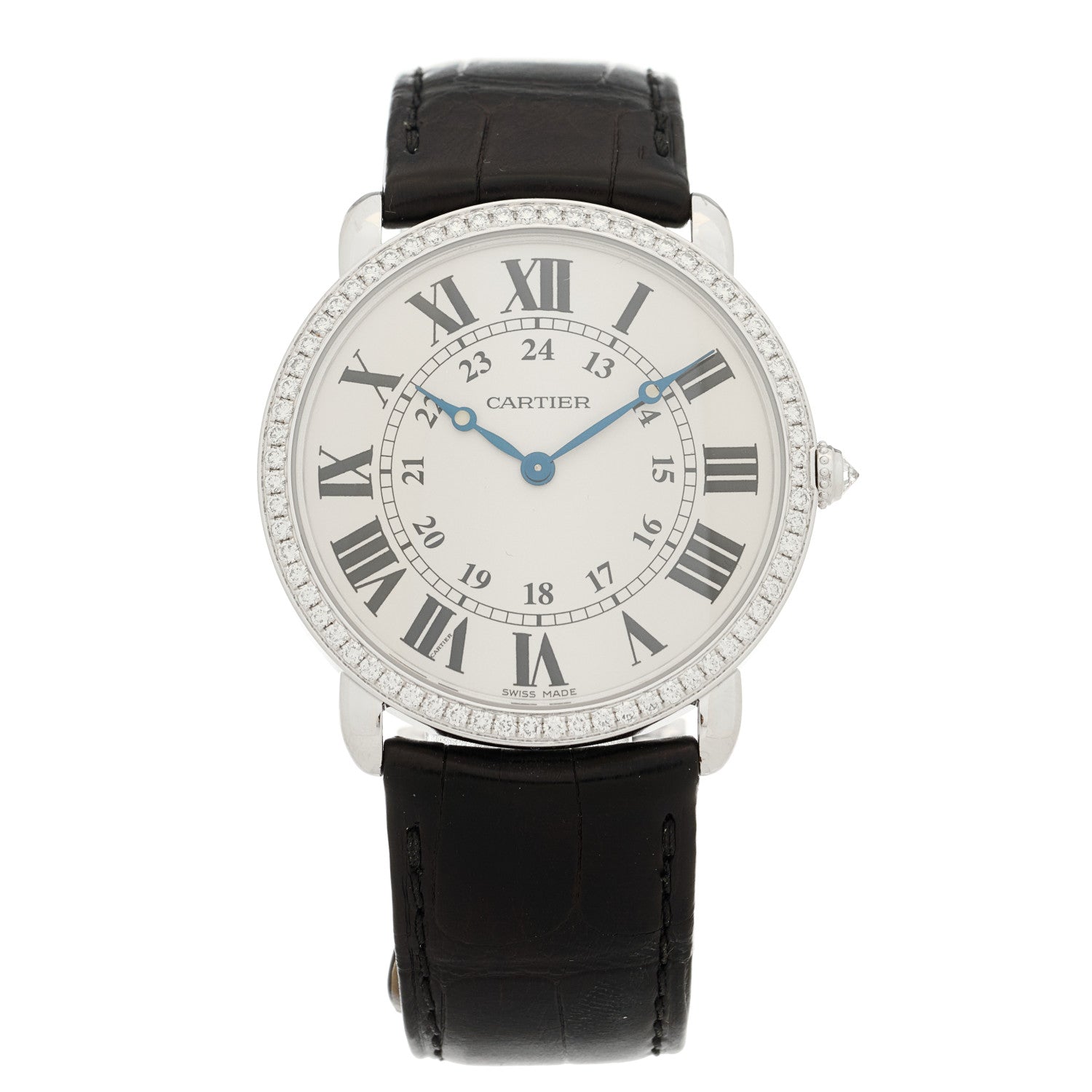 Cartier 18K White Gold Alligator Diamond Bezel 36mm Ronde Louis Manual Winding Watch 1 of 4