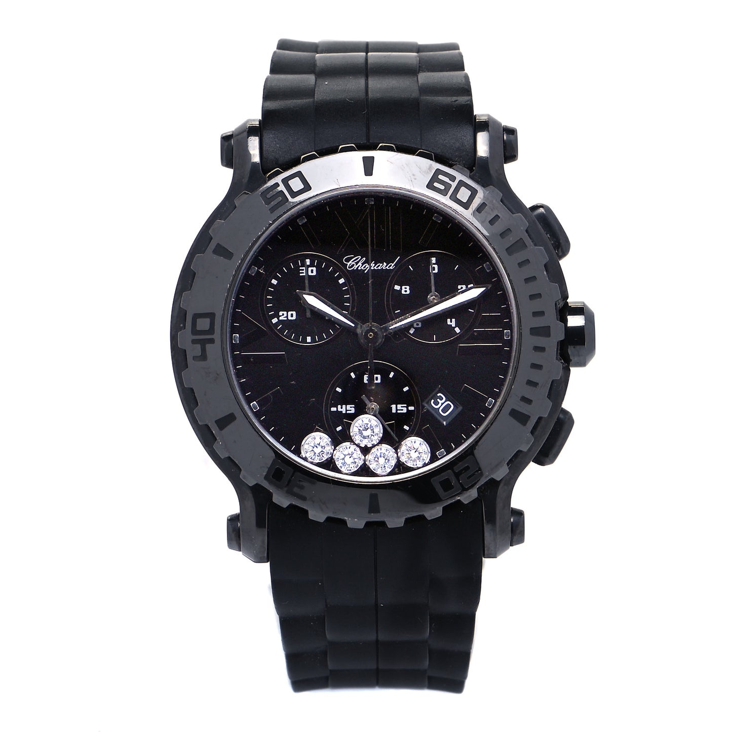 PVD Stainless Steel Rubber 5 Diamond 42mm Happy Sport Chronograph Quartz Watch Black
