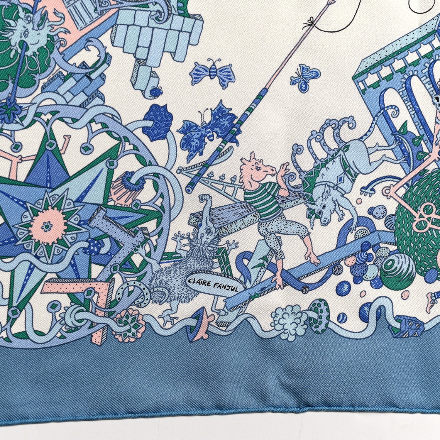 Hermes Silk La Folle Parade Scarf 90 Bleu Jean White Rose 5 of 6