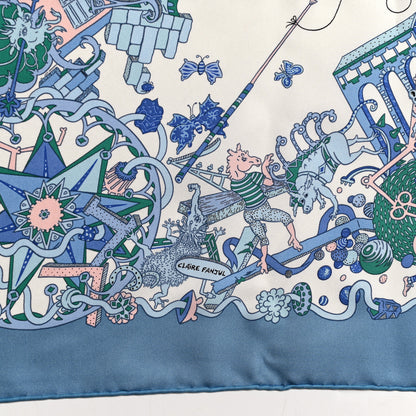 Hermes Silk La Folle Parade Scarf 90 Bleu Jean White Rose 5 of 6