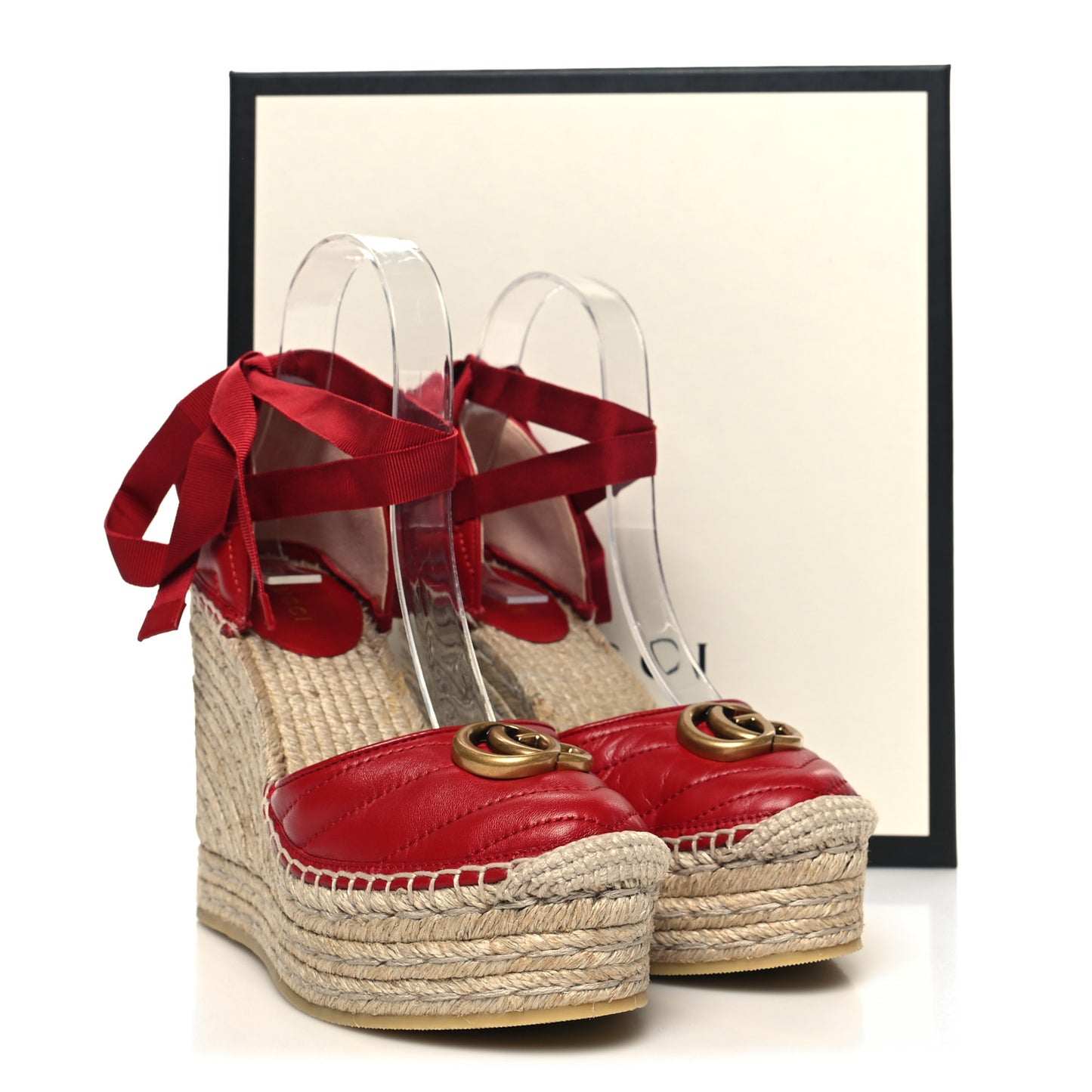 Nappa Matelasse GG Marmont Ankle Wrap Platform 35/120mm Espadrille Wedges 36.5 Hibiscus Red