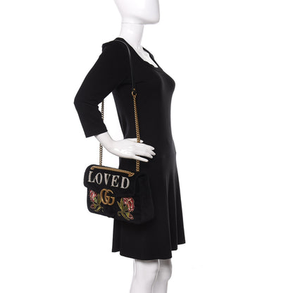 Gucci Velvet Matelasse Loved Embroidered Medium GG Marmont Shoulder Bag Black 2 of 10