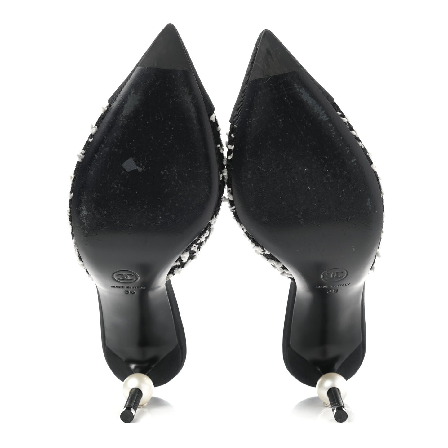 Tweed Grosgrain Pearl Mules 38 Black White