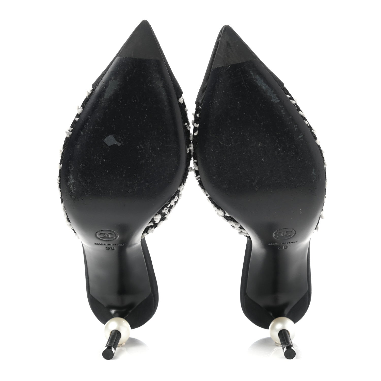 Chanel Tweed Grosgrain Pearl Mules 38 Black White 5 of 8