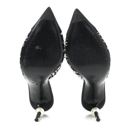 Chanel Tweed Grosgrain Pearl Mules 38 Black White 5 of 8