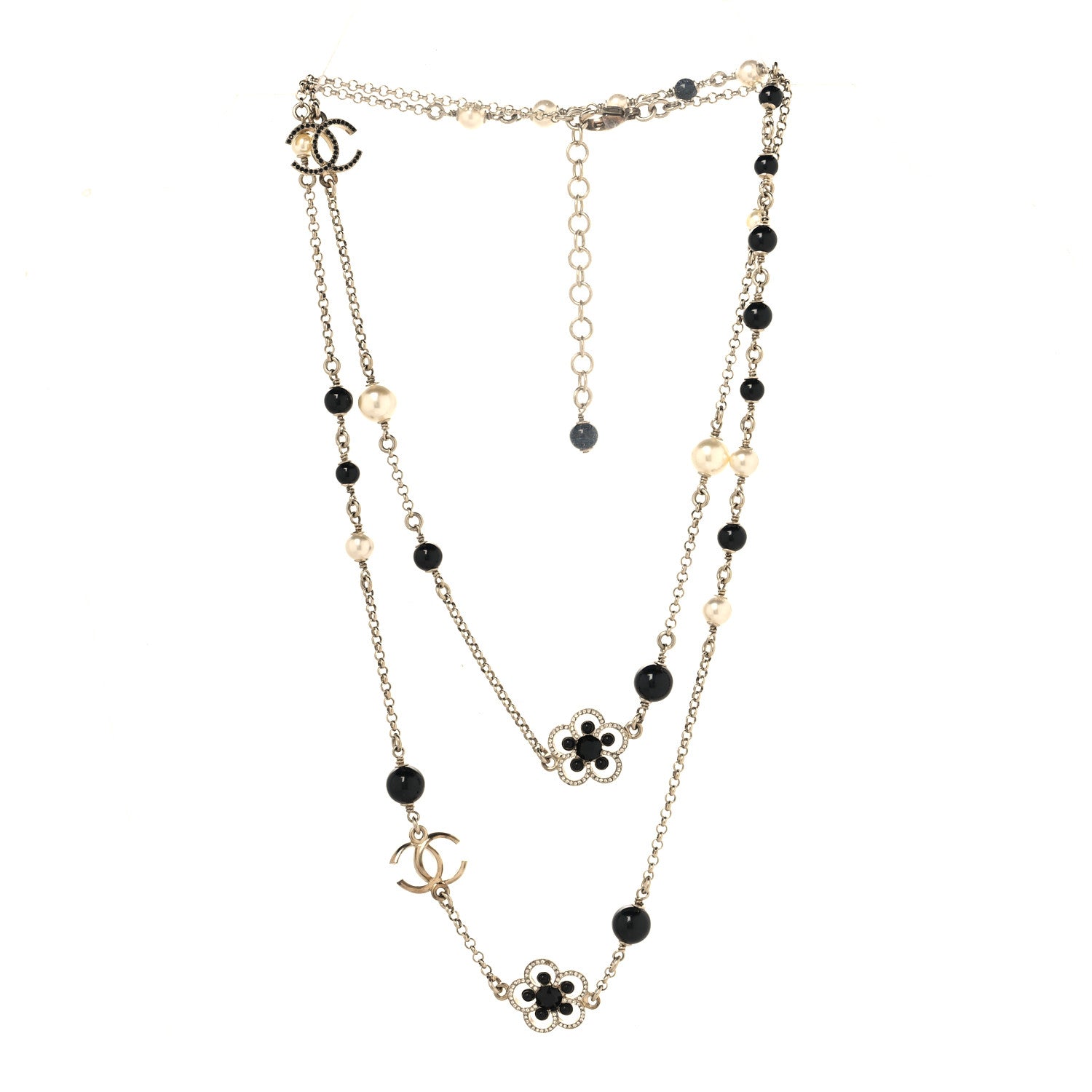 Chanel Pearl Crystal Flower CC Necklace Gold Black 3 of 5