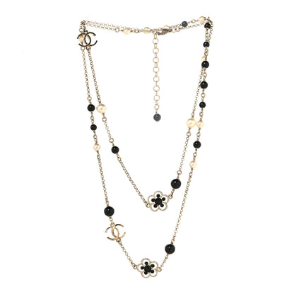 Chanel Pearl Crystal Flower CC Necklace Gold Black 3 of 5