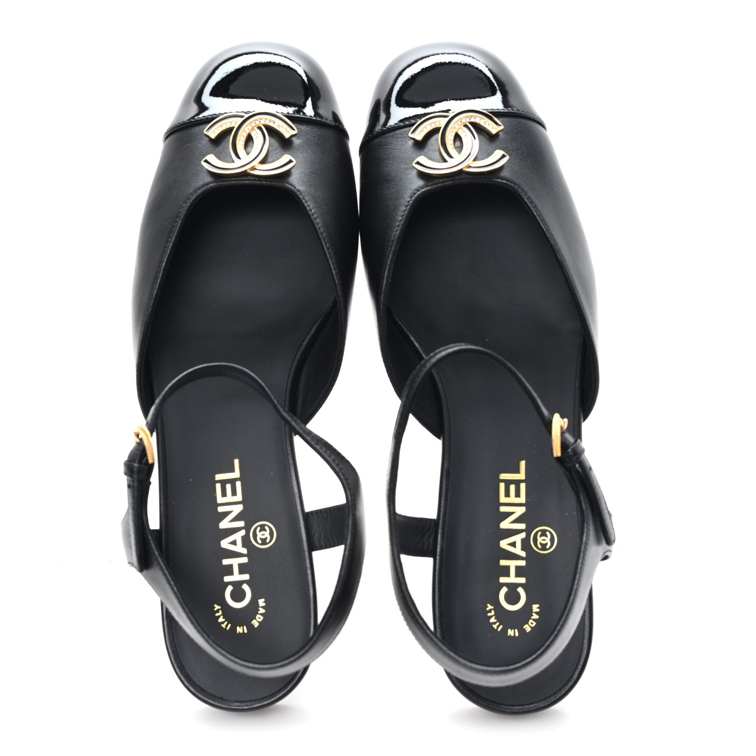 Chanel Lambskin Patent Cap Toe Crystal Enamel CC Mary Jane Slingback Flats 39.5 Black 2 of 10