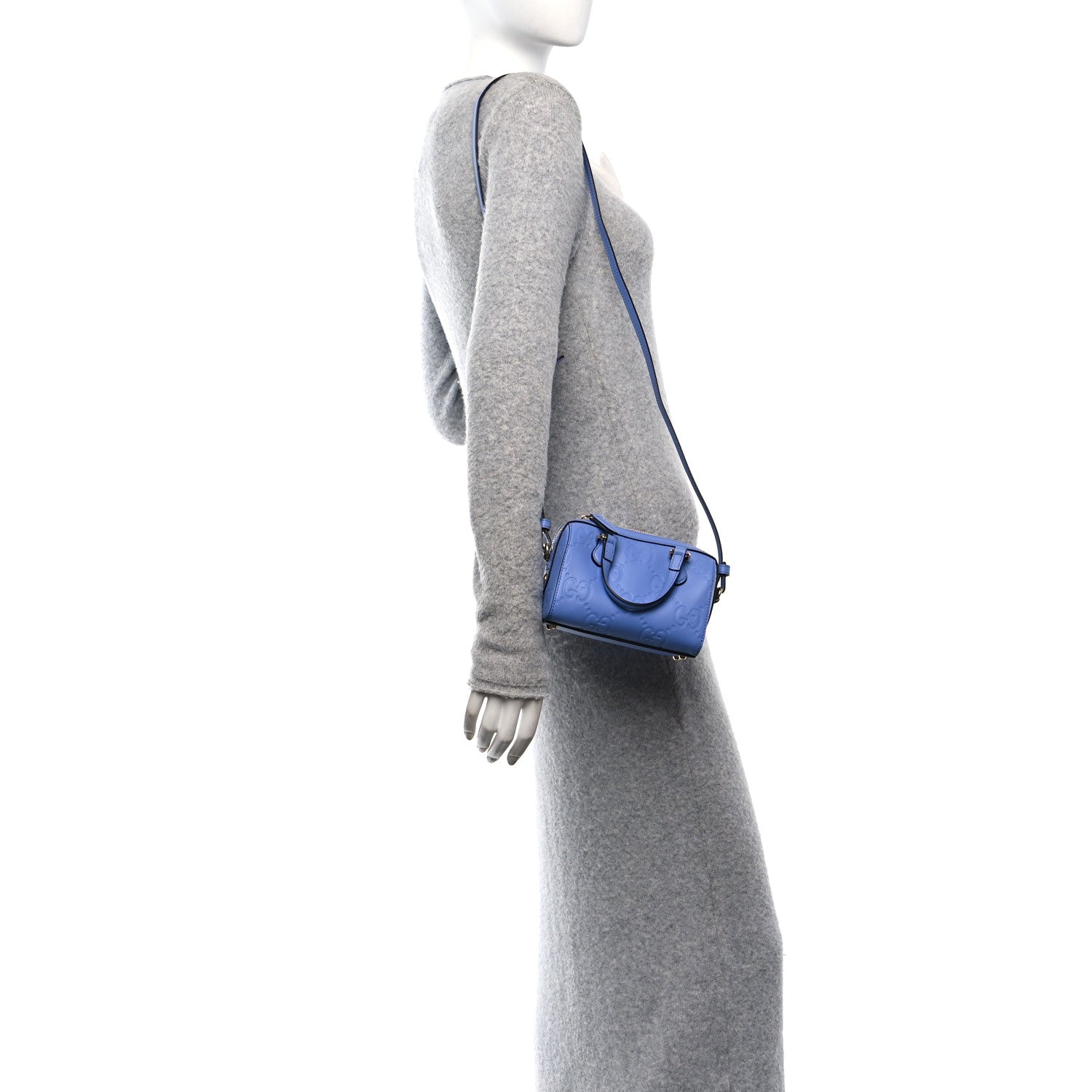 Gucci Calfskin Jumbo GG Embossed Super Mini Top Handle Bowler Bag Blue 2 of 9