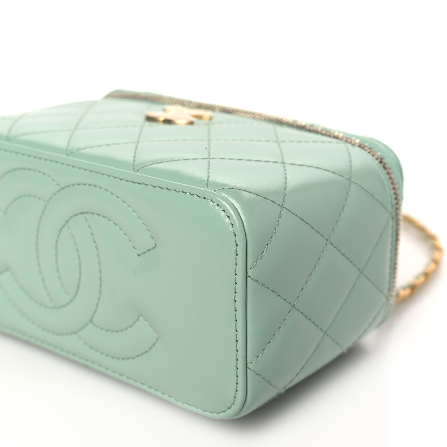 Shiny Calfskin Quilted Small Top Handle Vanity Case With Chain Light Green