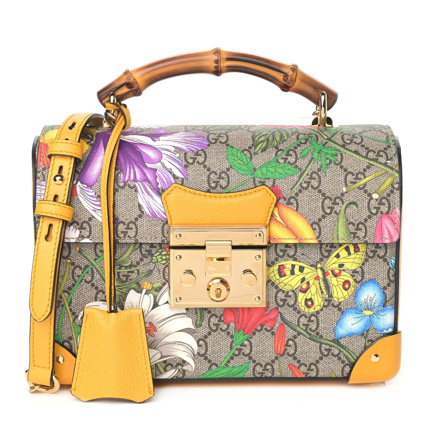 GG Supreme Monogram Flora Small Padlock Bamboo Shoulder Bag Beige Multicolor Crop