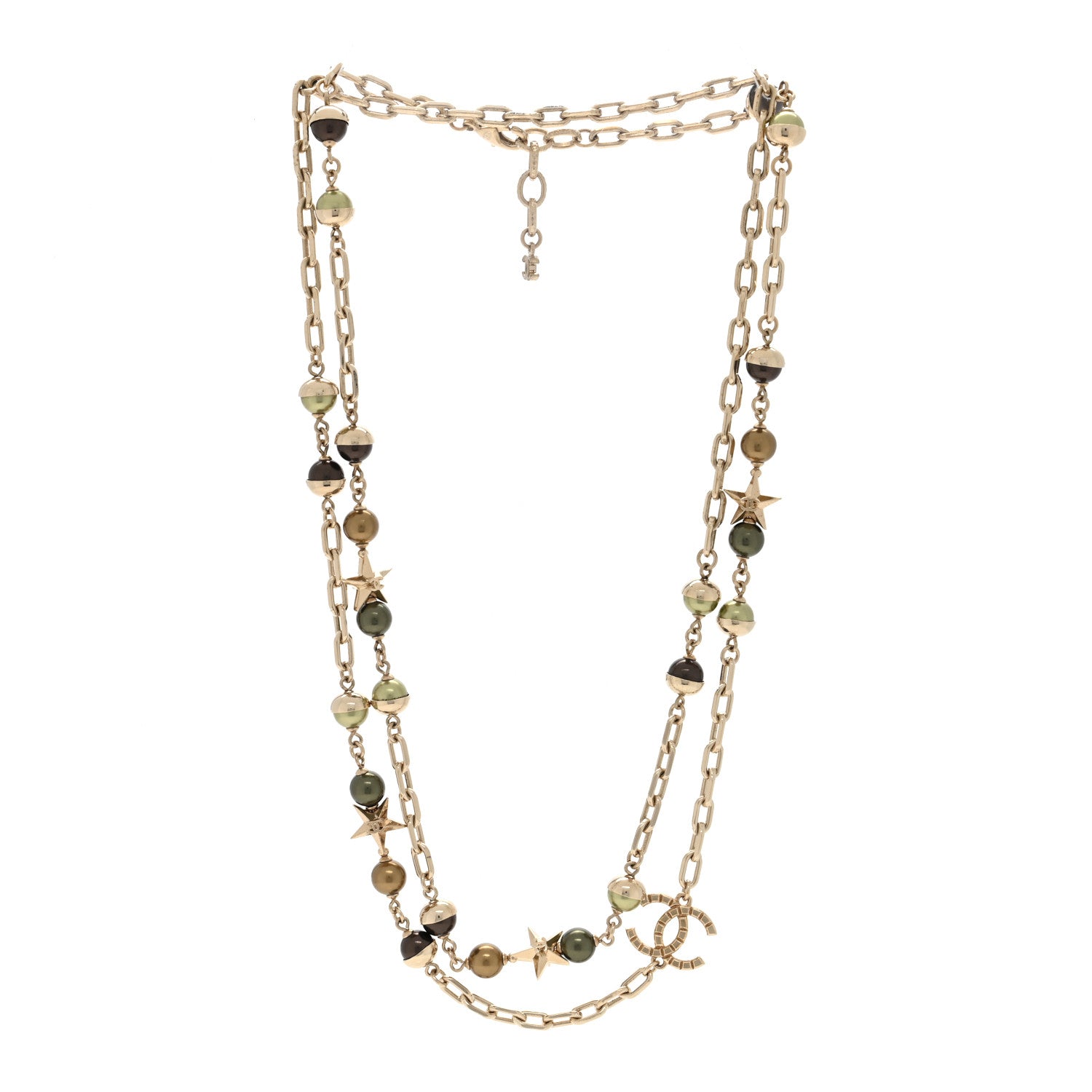 Chanel Beaded Star CC Long Necklace Green Gold 2 of 5