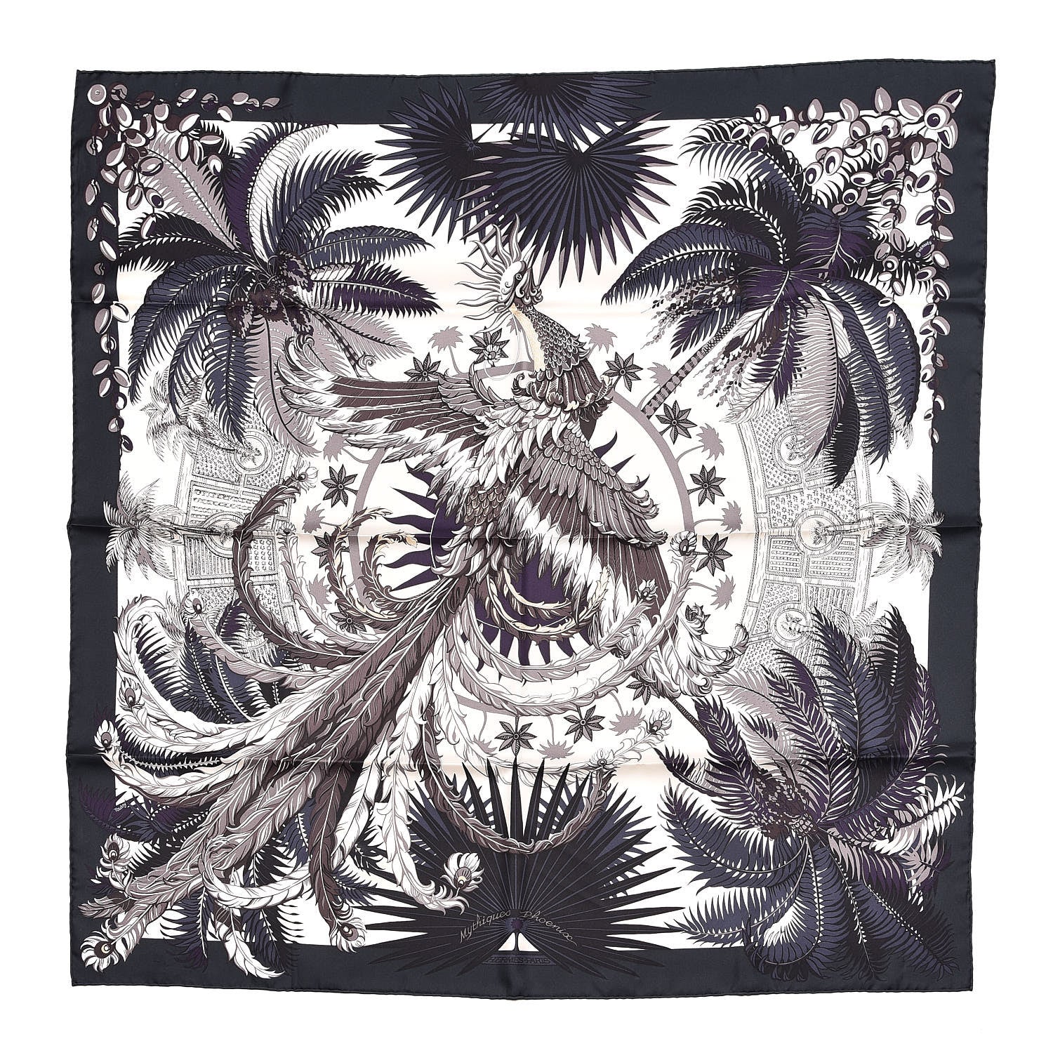 Hermes Silk Mythiques Phoenix Scarf 90 Vert Anthracite Vanille Auberg 1 of 5